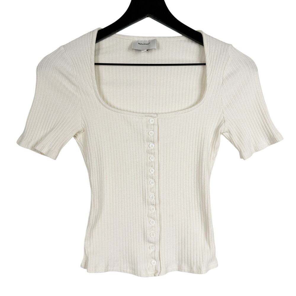 Reformation Kaiden Knit Top Square Neck Ribbed Shirt Cream - S